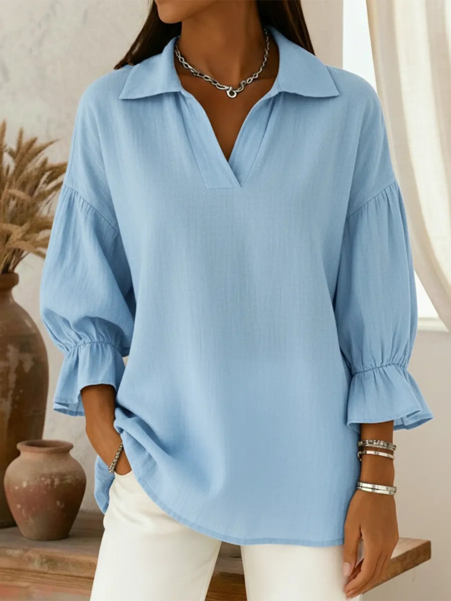 Casual Relaxed-fit Fashionable Long-sleeve Top With A Turn-down Collar