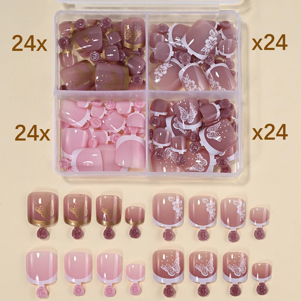 96Pcs/Box French Fake Toenails Butterfly/Flower Design Short Square  Press On Toenail Glossy Full Cover False Toe Nail Extension