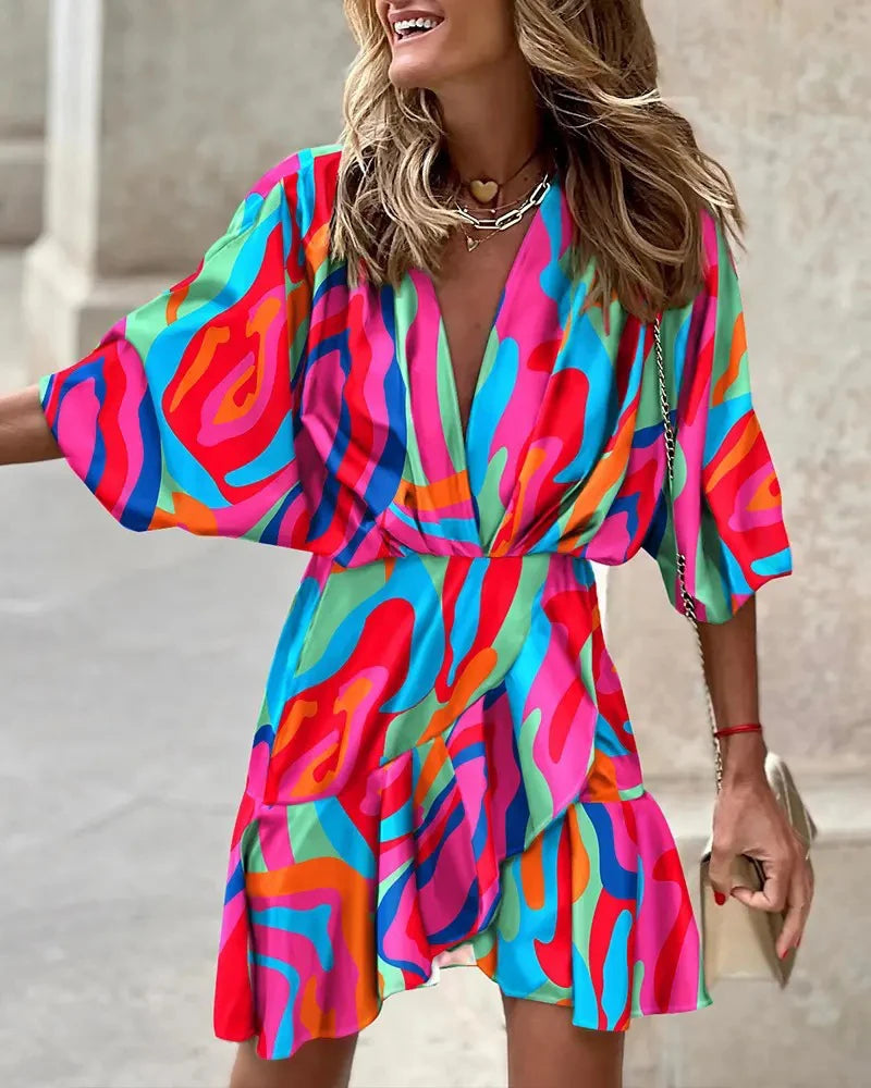Summer Irregular Mini Dress For Women Fashion Print Casual Bohemia Style Vacation Sundress Women's Bat Sleeve Ruffles Dresses