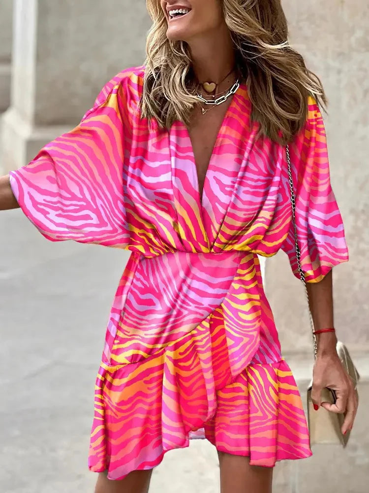Summer Irregular Mini Dress For Women Fashion Print Casual Bohemia Style Vacation Sundress Women's Bat Sleeve Ruffles Dresses