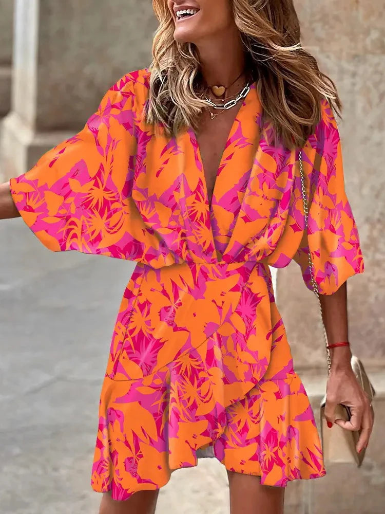Summer Irregular Mini Dress For Women Fashion Print Casual Bohemia Style Vacation Sundress Women's Bat Sleeve Ruffles Dresses