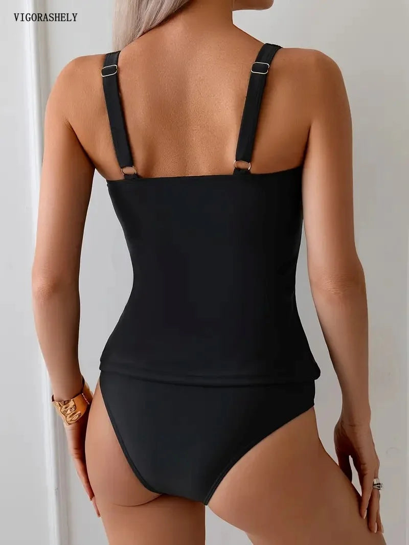 Vigorashely 2026 Vintage Solid Tankini Set Women Ruffle Straps Two Piece Swimsuit Lady Backless High Waist Swimwear Bathing Suit