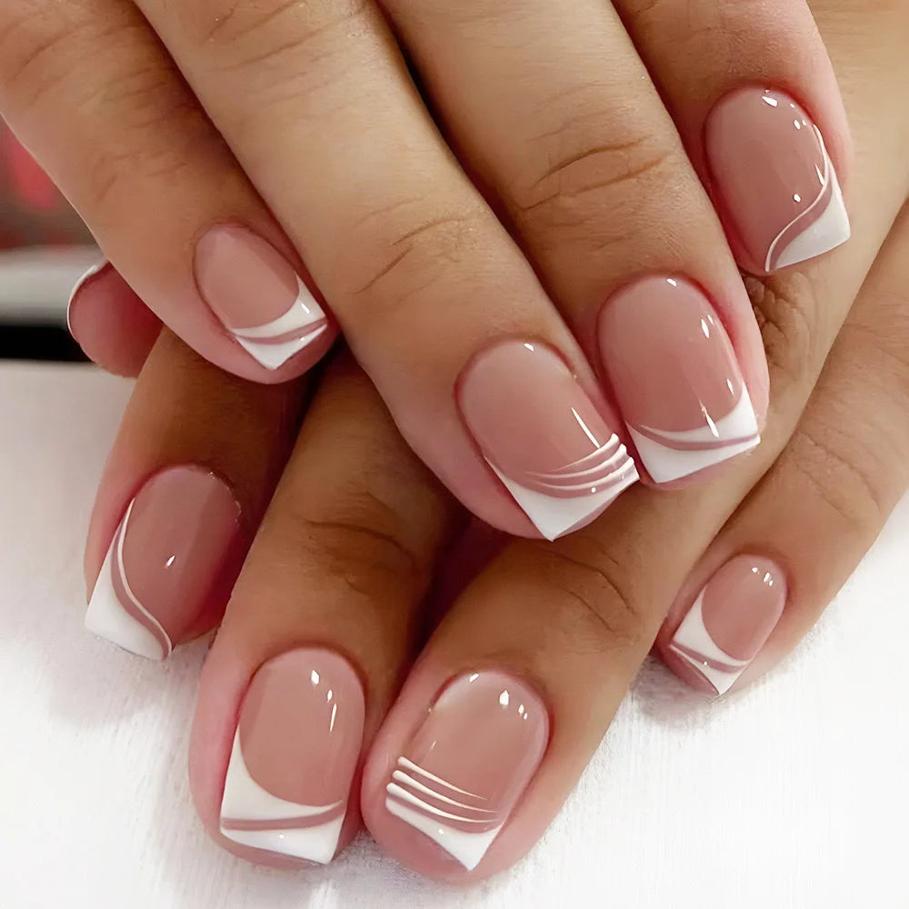 Pink French Style False Nails White Flower Printed Short Square Head Press on Nails Simple Wearable Artificial Nails Art 24Pcs