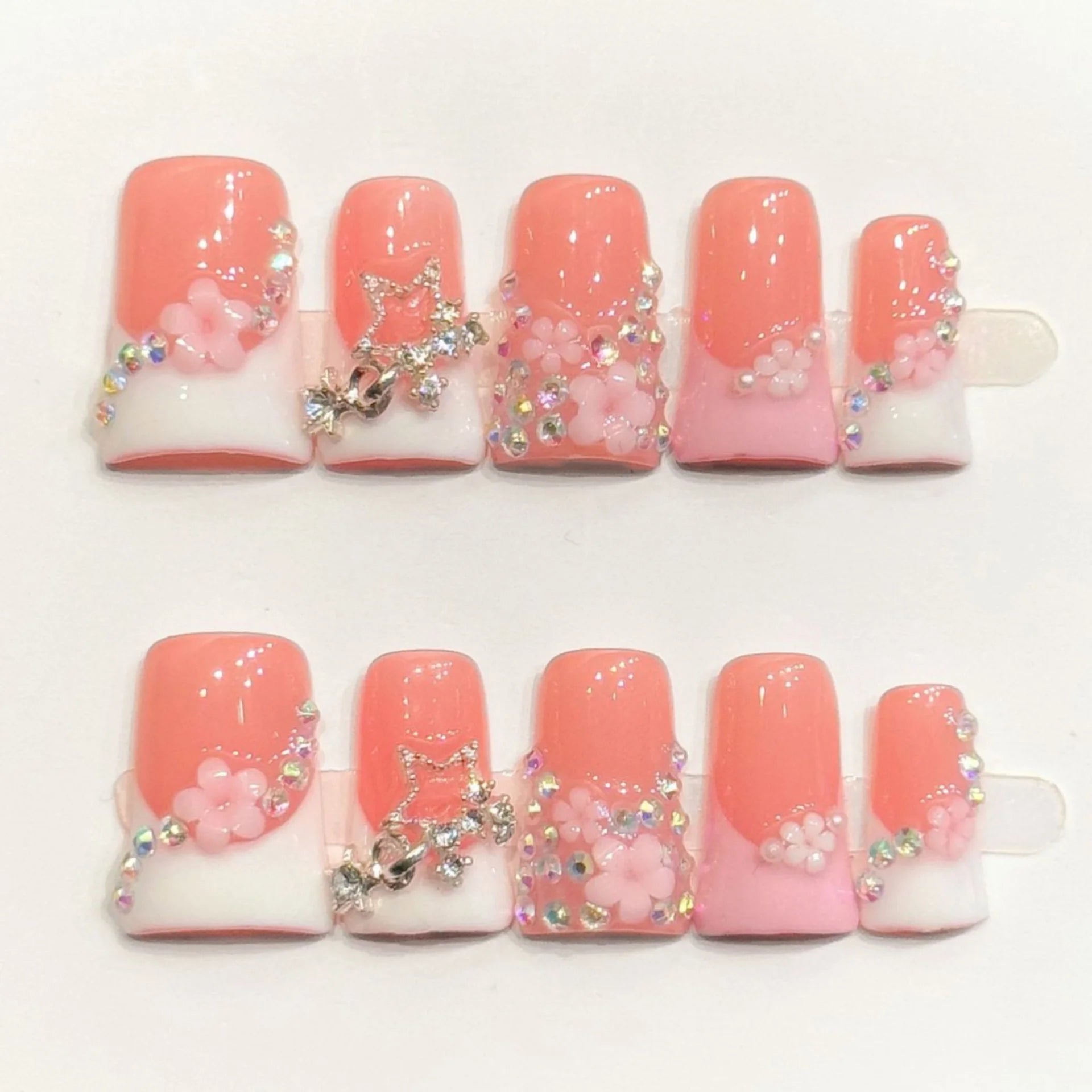 10pcs Pink Duckbill Handmade Press on Nails Art Simple White French Short Fake Nail Wearable Rhinestones Design False Nails Tips