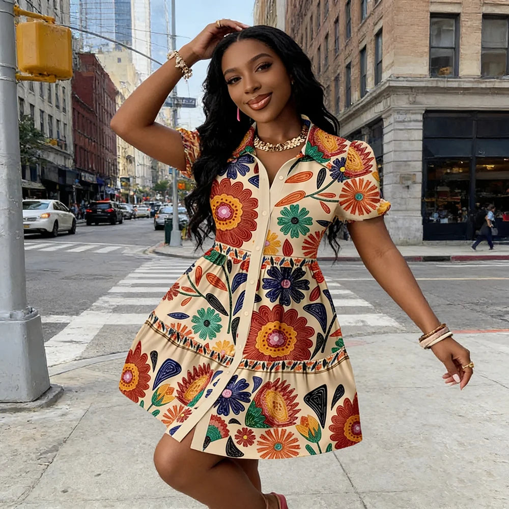2026Women's Summer Floral Print Shirt Dress Puff Sleeve Ruffle Hem A-Line Mini Dress