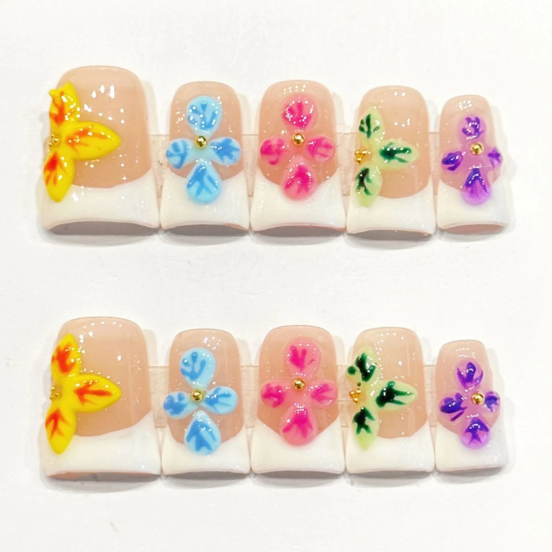 10pcs Pink Duckbill Handmade Press on Nails Art Simple White French Short Fake Nail Wearable Rhinestones Design False Nails Tips
