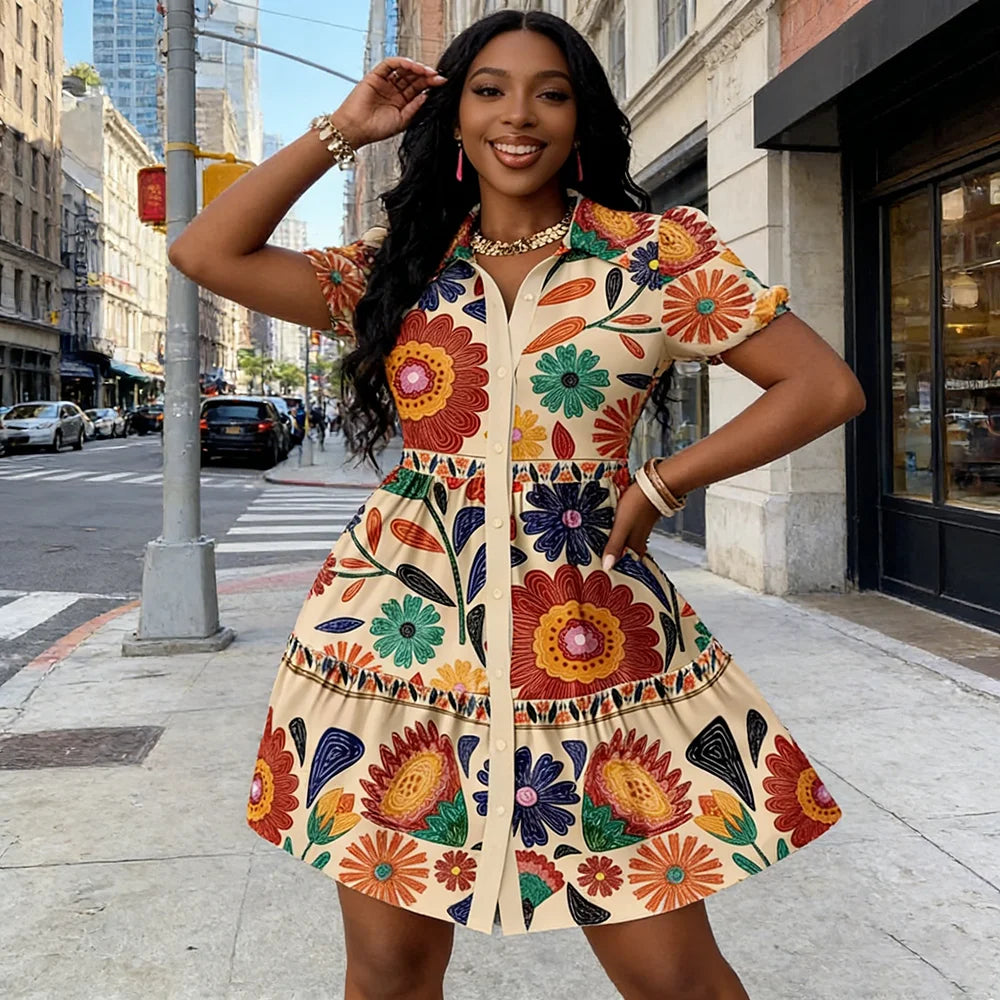 2026Women's Summer Floral Print Shirt Dress Puff Sleeve Ruffle Hem A-Line Mini Dress