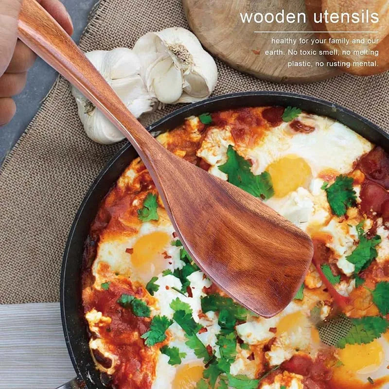 5pcs Wooden Utensil Set with Hanging Holes, Food Grade Spoons and Spatula 24-33.7cm, Non-Toxic Smooth Kitchen Tools for Cooking