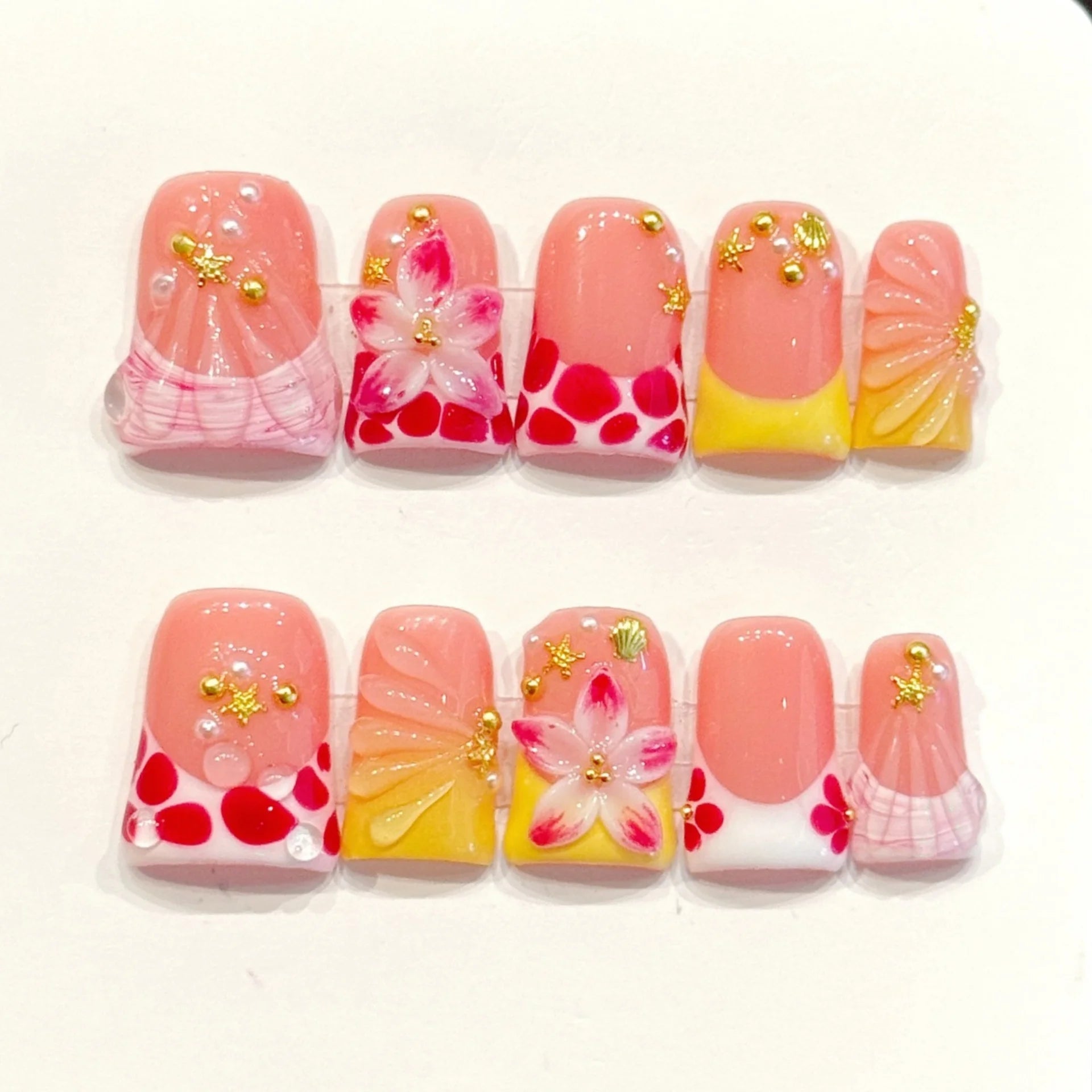10pcs Pink Duckbill Handmade Press on Nails Art Simple White French Short Fake Nail Wearable Rhinestones Design False Nails Tips