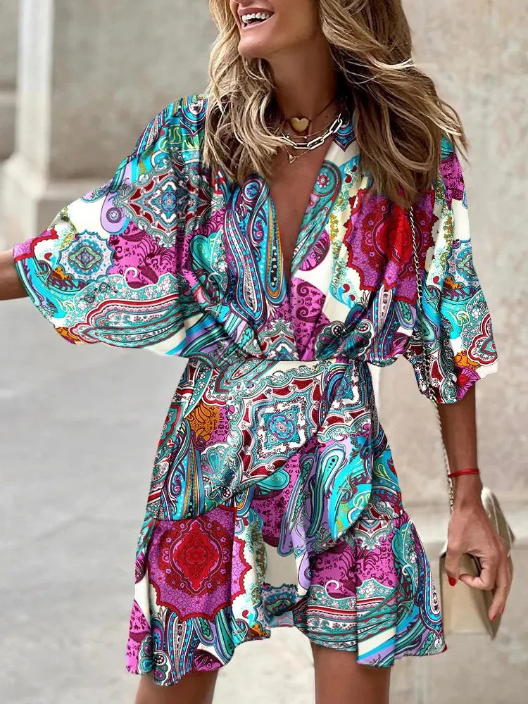 Summer Irregular Mini Dress For Women Fashion Print Casual Bohemia Style Vacation Sundress Women's Bat Sleeve Ruffles Dresses