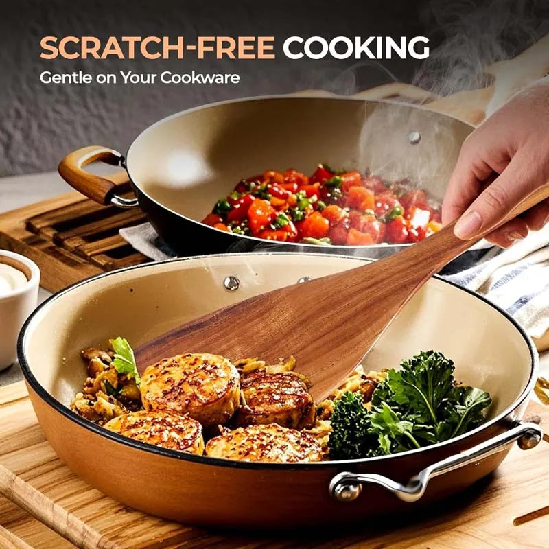 5pcs Wooden Utensil Set with Hanging Holes, Food Grade Spoons and Spatula 24-33.7cm, Non-Toxic Smooth Kitchen Tools for Cooking