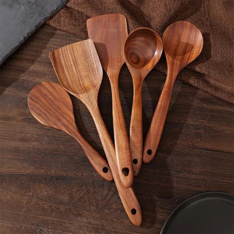 5pcs Wooden Utensil Set with Hanging Holes, Food Grade Spoons and Spatula 24-33.7cm, Non-Toxic Smooth Kitchen Tools for Cooking