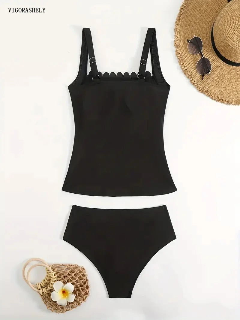 Vigorashely 2026 Vintage Solid Tankini Set Women Ruffle Straps Two Piece Swimsuit Lady Backless High Waist Swimwear Bathing Suit