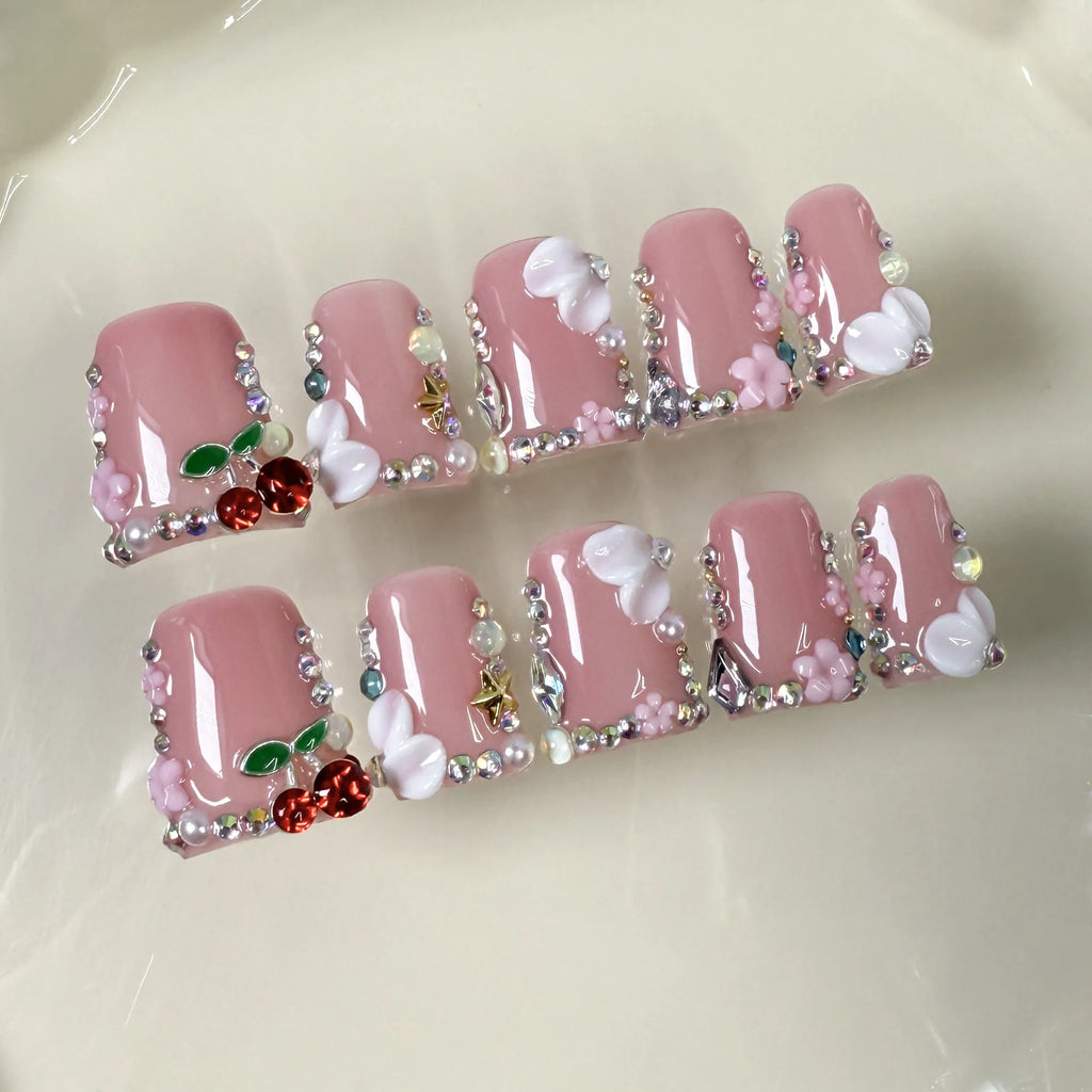 10pcs Pink Duckbill Handmade Press on Nails Art Simple White French Short Fake Nail Wearable Rhinestones Design False Nails Tips
