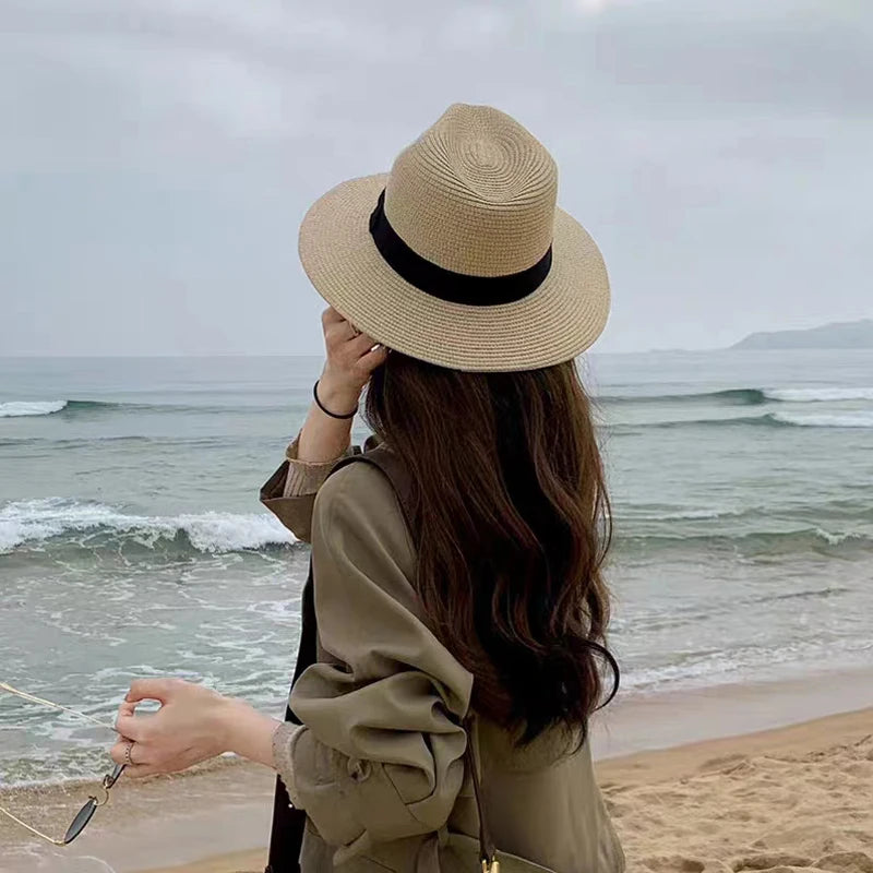 Large SizeNew Natural Panama Straw Hat Summer Men Women Wide Brim Beach UV Protection Fedora Sun Hat Wholesale
